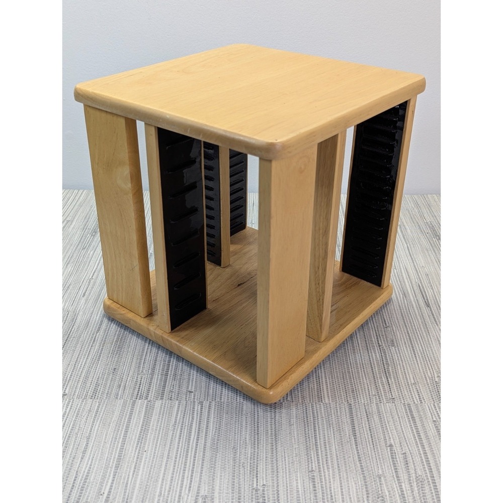 Wooden Swivel CD DVD Tower Rack Spinning Media Storage 62 Slot Oak Finish VTG